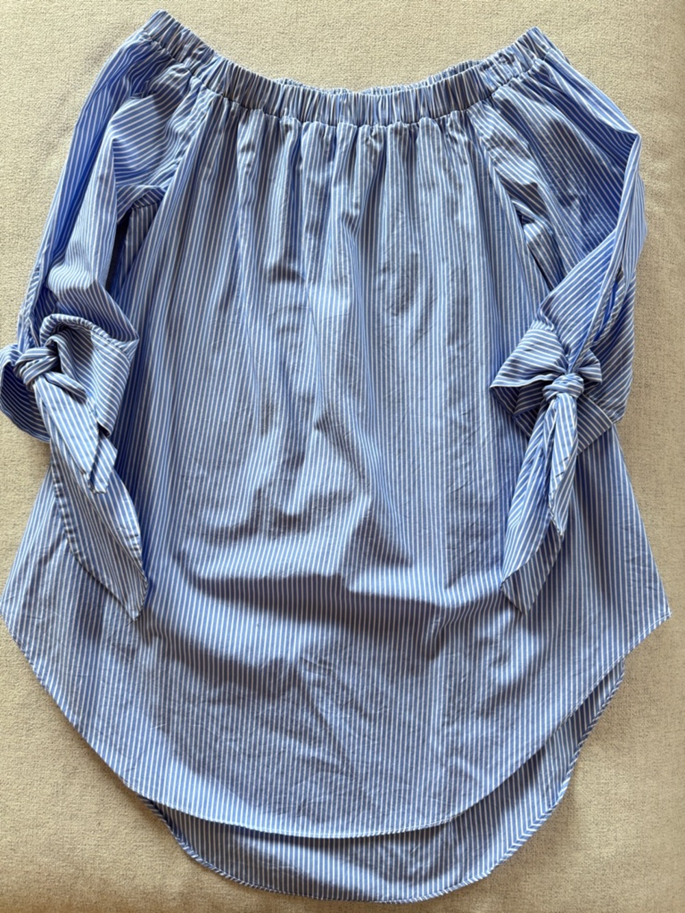 Blue & White Striped Off-Shoulder Tie Sleeve Blouse